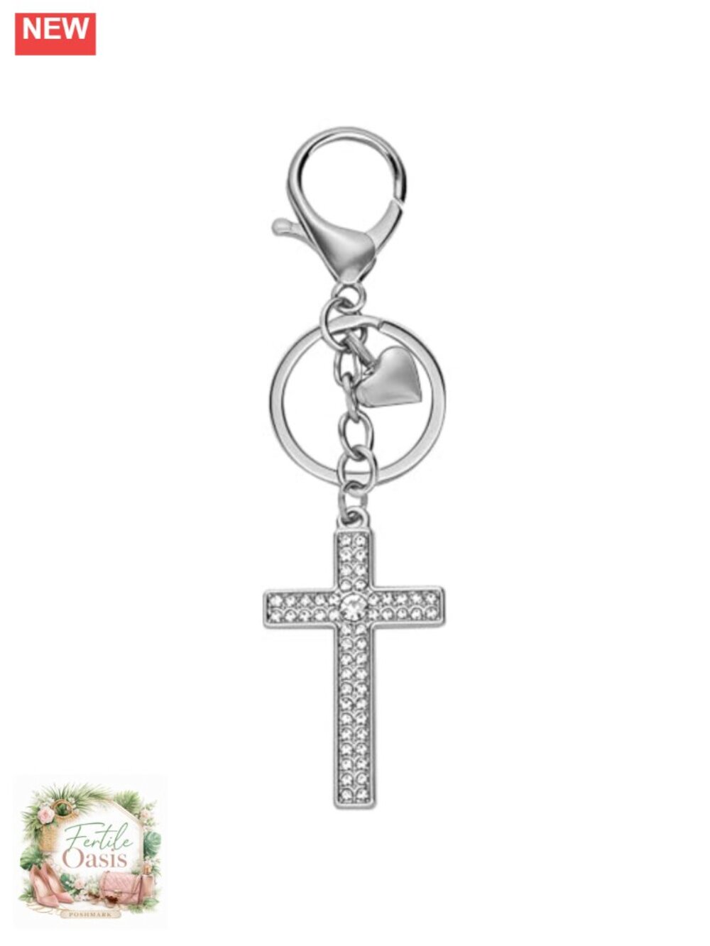 Gold Plated Cross Keychain with Heart Charm Bag Charm Purse Accessories for